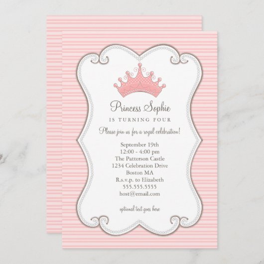 プリンセスの誕生会のピンクの王冠の招待状 招待状 (正面/裏面)