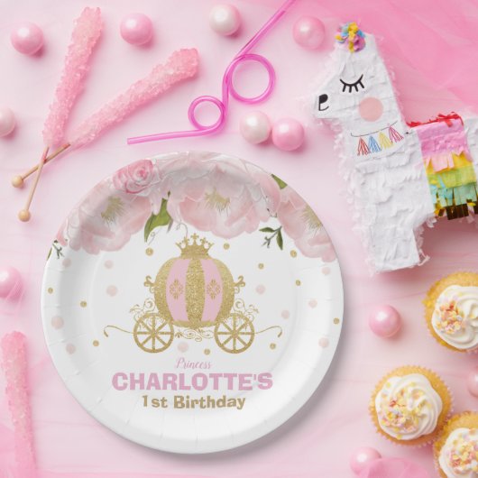プリンセスの誕生会の花のピンクの金ゴールドキャリッジ ペーパープレート (パーティー)