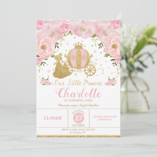 プリンセスの誕生会キャリッジピンクおよび金ゴールド 招待状 (スタンド正面)