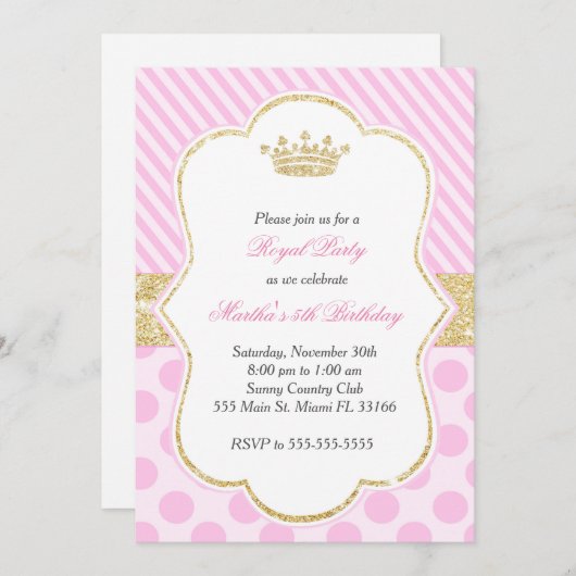 プリンセスの誕生日のパーティの招待状のピンクの金ゴールド 招待状 (正面/裏面)