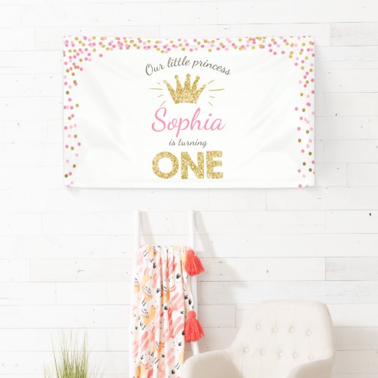 プリンセスの誕生日の旗の王室のなピンクおよび金ゴールドの女の子 横断幕 (インサイチュ)