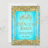 プリンセスの誕生日パーティー用 ティールブルー ゴールド ティアラ 招待状 (正面)