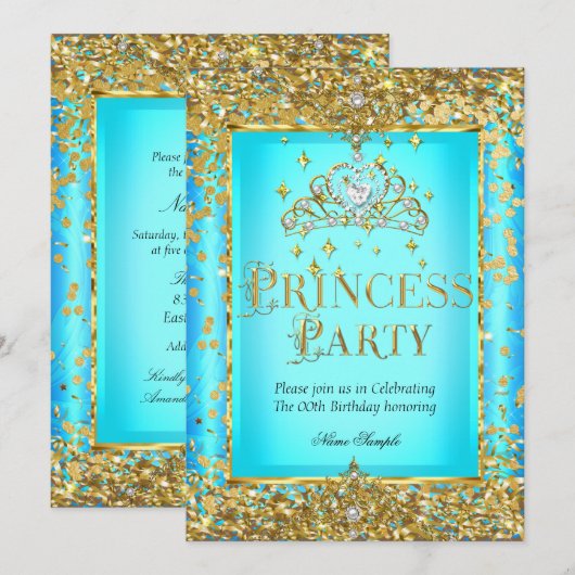 プリンセスの誕生日パーティー用 ティールブルー ゴールド ティアラ 招待状 (正面/裏面)