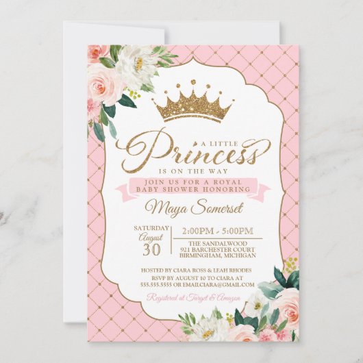 プリンセスの金ゴールドのグリッターの王冠及び花柄のベビーシャワー 招待状 (正面)