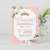 プリンセスの金ゴールドのグリッターの王冠及び花柄のベビーシャワー 招待状 (スタンド正面)