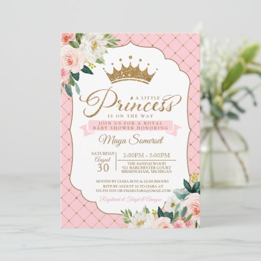 プリンセスの金ゴールドのグリッターの王冠及び花柄のベビーシャワー 招待状 (スタンド正面)