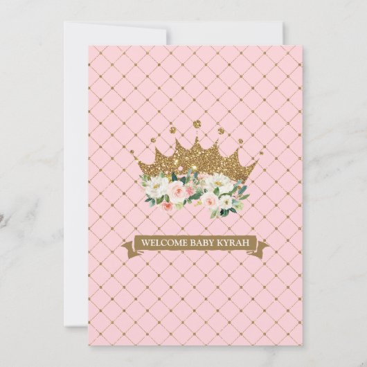 プリンセスの金ゴールドのグリッターの王冠及び花柄のベビーシャワー 招待状 (裏面)