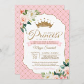 プリンセスの金ゴールドのグリッターの王冠及び花柄のベビーシャワー 招待状 (正面/裏面)