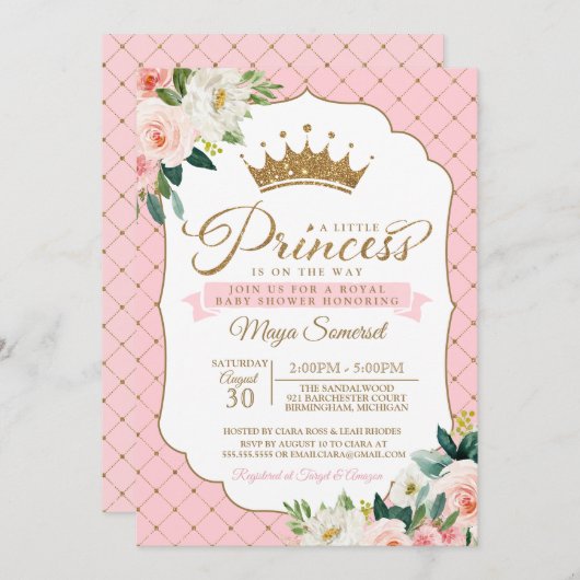 プリンセスの金ゴールドのグリッターの王冠及び花柄のベビーシャワー 招待状 (正面/裏面)