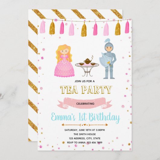 プリンセスの騎士お茶会の誕生日の招待 招待状 (正面/裏面)