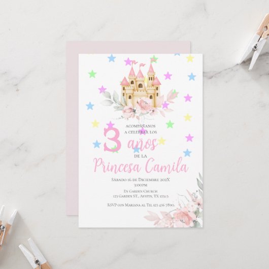 プリンセスの3歳誕生日招待状：彼女の城にて 招待状 (正面/裏面インサイチュ)