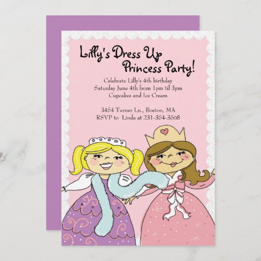 プリンセスは、テーマの誕生会の招待に服を着せます 招待状 (正面/裏面)