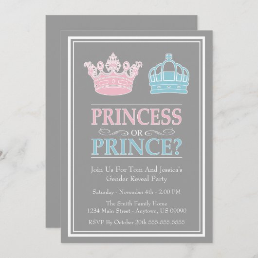 プリンセスまたはGender Reveal王子のパーティの招待状 招待状 (正面/裏面)
