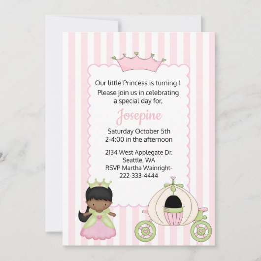 プリンセスをテーマにしたベビーガールファースト誕生日 招待状 (正面)
