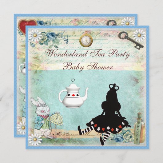 プリンセスアリスインワンダーランドベビーシャワーティーパーティー 招待状 (正面/裏面)