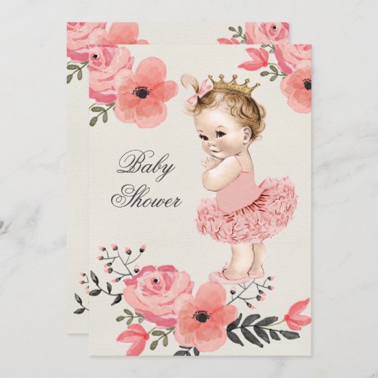 プリンセスイントゥーウォーターカラーフラワーズベビーシャワー 招待状 (正面/裏面)