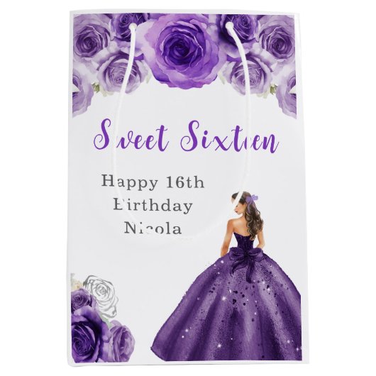 プリンセスインパープルドレスSweet sixteen誕生日 ミディアムペーパーバッグ (正面)