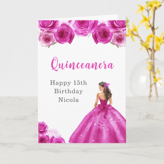 プリンセスインホットピンクドレス誕生日キンセアニェラ カード (黄色い花)