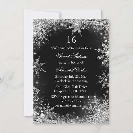 プリンセスウィンターワンダーランドブラックスウィート16招待状 招待状 (裏面)