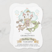プリンセスウォーターカラーキャッスルドラゴンガールズ誕生日 招待状 (正面/裏面)