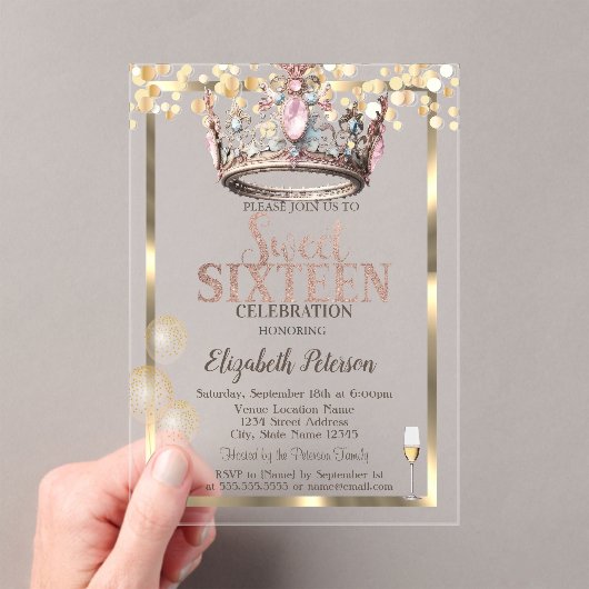 プリンセスエレガントクラウンバルーンFrame Sweet 16 アクリル招待状 (インサイチュ (ポータブル))
