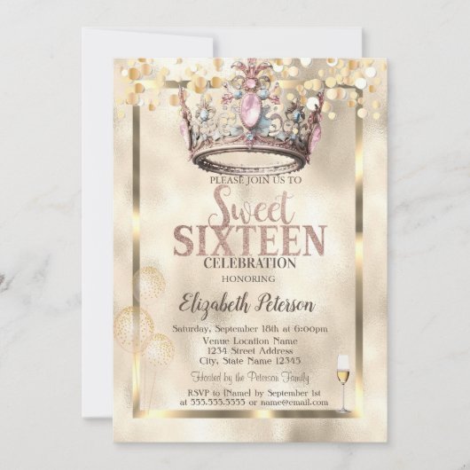 プリンセスエレガントクラウンバルーンFrame Sweet 16 招待状 (正面)