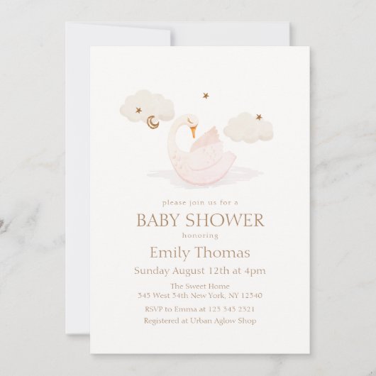 プリンセスエレガントスワンムーンスターベビーシャワー 招待状 (正面)