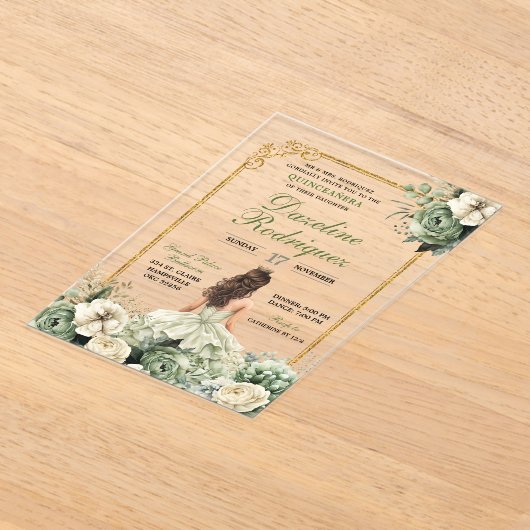 プリンセスエレガントセージグリーンフローラキンセアニラ アクリル招待状 (レイダウン)