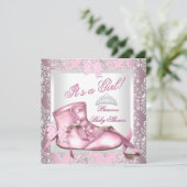 プリンセスエレガントベイビーシャワーガールピンクダマスク4E 招待状 (スタンド正面)