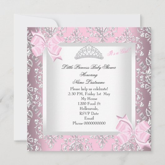 プリンセスエレガントベイビーシャワーガールピンクダマスク4E 招待状 (裏面)