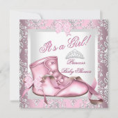 プリンセスエレガントベイビーシャワーガールピンクダマスク4E 招待状 (正面)