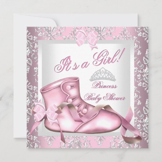 プリンセスエレガントベイビーシャワーガールピンクダマスク4E 招待状 (正面)