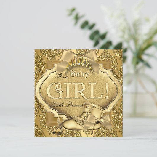 プリンセスエレガントベイビーシャワーベビーガール金ゴールドゴールデン 招待状 (スタンド正面)