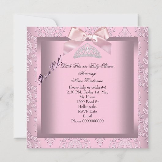 プリンセスエレガントベビーシャワーガールピンクダマスクシューズ 招待状 (裏面)