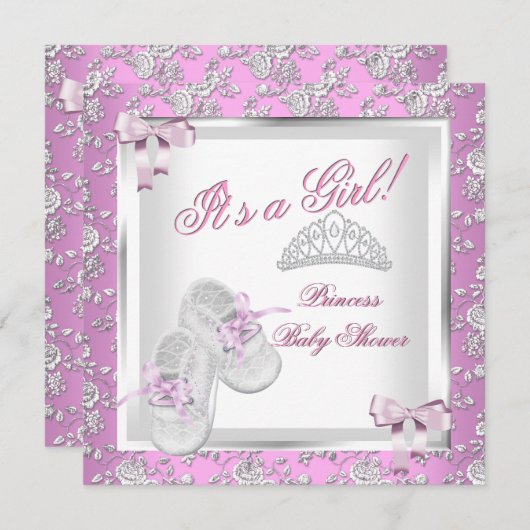 プリンセスエレガントベビーシャワーガールピンクローズ 招待状 (正面/裏面)