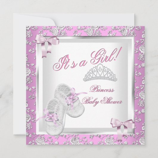 プリンセスエレガントベビーシャワーガールピンクローズ 招待状 (正面)