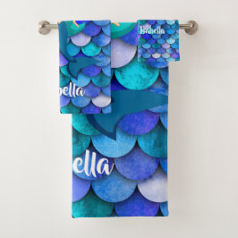 プリンセスオン青と紫のマーメイドスケールパターン バスタオルセット