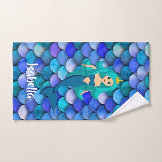 プリンセスオン青と紫のマーメイドスケールパターン バスタオルセット (ハンドタオル)
