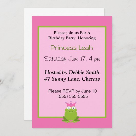 プリンセスカエル誕生日招待状。 招待状 (正面/裏面)