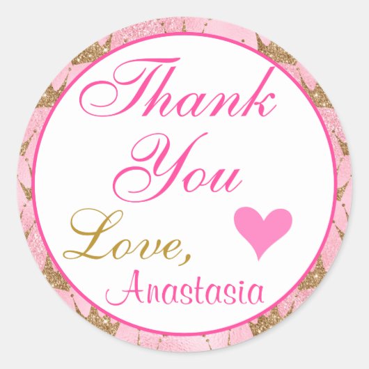 プリンセスガーリーピンクと金ゴールドグリッターありがとう ラウンドシール (正面)