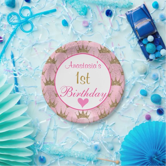 プリンセスガーリーピンクと金ゴールドグリッター1歳 ペーパープレート (パーティー)