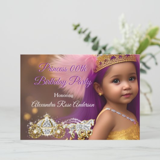 プリンセスガールズバースデーパーティーキャリッジパープルピンク 招待状 (スタンド正面)