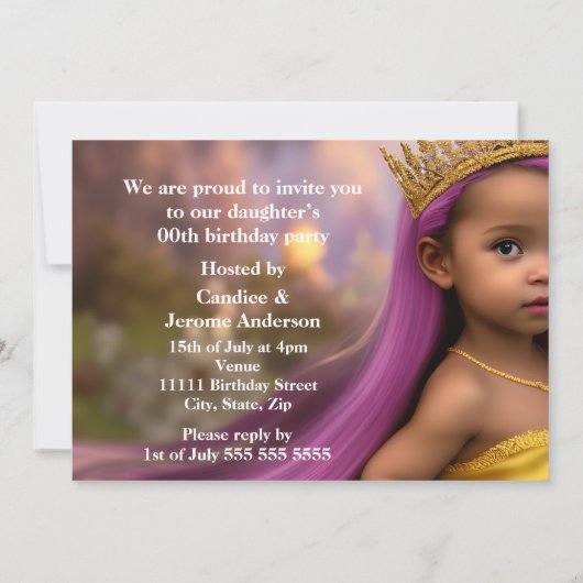 プリンセスガールズバースデーパーティーキャリッジパープル金ゴールド 招待状 (裏面)