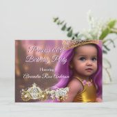 プリンセスガールバースデーパーティーキャリッジパープル金ゴールド 招待状 (スタンド正面)