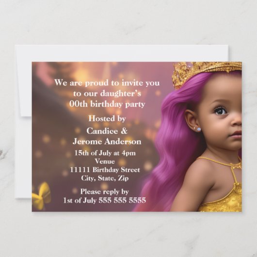 プリンセスガールバースデーパーティーキャリッジピンク民族 招待状 (裏面)