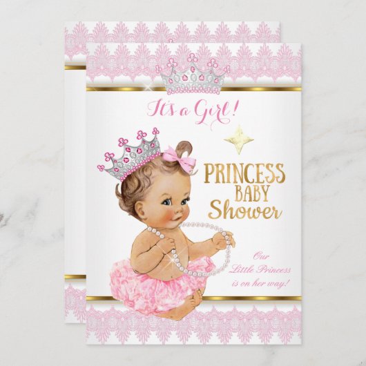 プリンセスガールベイビーシャワーピンク金ゴールドトゥゥブルネット 招待状 (正面/裏面)