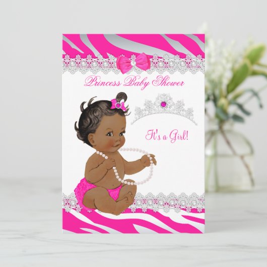 プリンセスガールベイビーシャワーホットピンクゼブラエスニック 招待状 (スタンド正面)