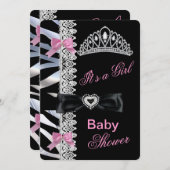 プリンセスガールベビーシャワーティアラゼブラピンクブラック 招待状 (正面/裏面)