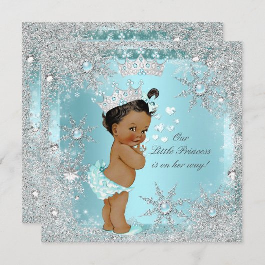 プリンセスガールベビーシャワーティール（緑がかった色）ブルーハートエスニック 招待状 (正面/裏面)