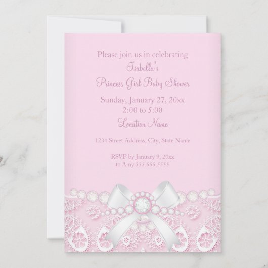 プリンセスガールベビーシャワーピンクレースダイヤモンドホワイト 招待状 (裏面)